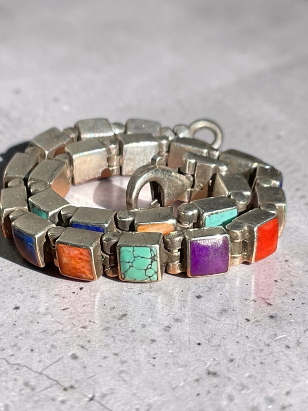 🌺Vintage Sterling & Multi-Color Stone Link Bracelet